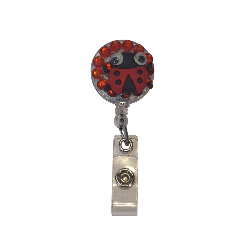 Handmade Ladybug Retractable‎ Badge Reel Orange Rhinestone ID Holder Nurse Gift